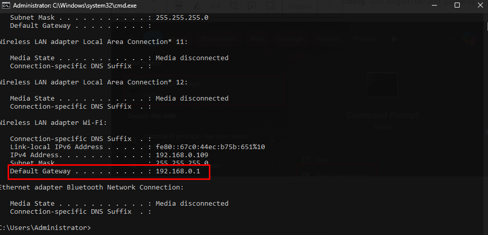 tampilan bagian default gateway untuk akses url modem indihome
