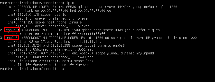 Cek interface jaringan dan IP Address Debian Server menggunakan perintah ip a