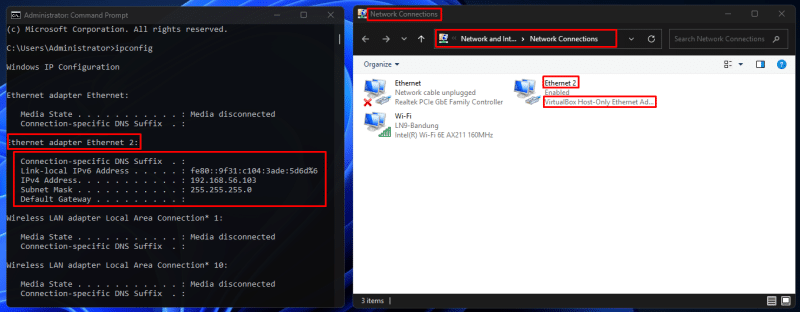 Cek IP Address Windows Client VirtualBox Host-Only Adapter menggunakan ipconfig