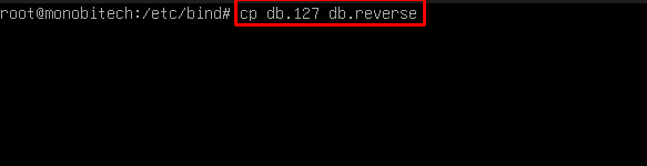 Menyalin file db.127 menjadi db.reverse untuk reverse DNS di Debian