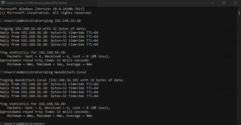 Hasil ping DNS Server dan domain monobitech.local di Windows Client
