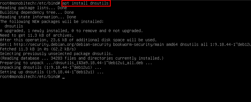 Proses install dnsutils untuk pengujian DNS Server di Debian