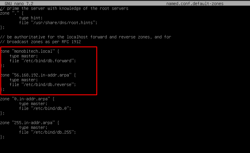Konfigurasi zone DNS Bind9 di file named.conf.default-zones Debian Linux
