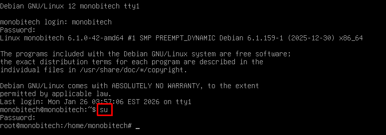 Login ke user root Debian Server menggunakan perintah su