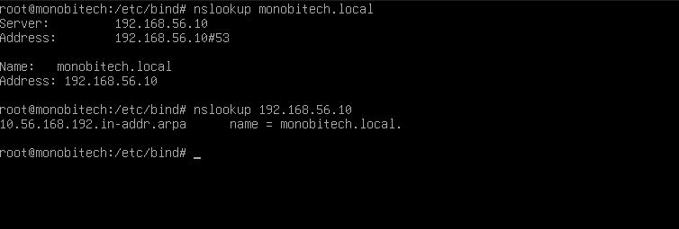 Hasil nslookup domain dan IP DNS Server Bind9 di Debian Linux
