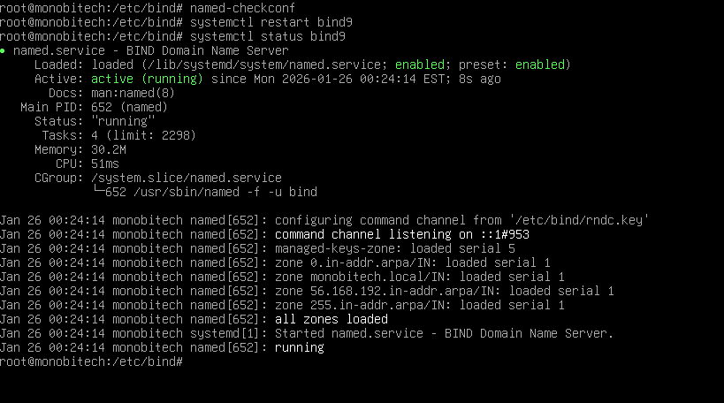 Restart dan cek status service Bind9 di Debian Linux
