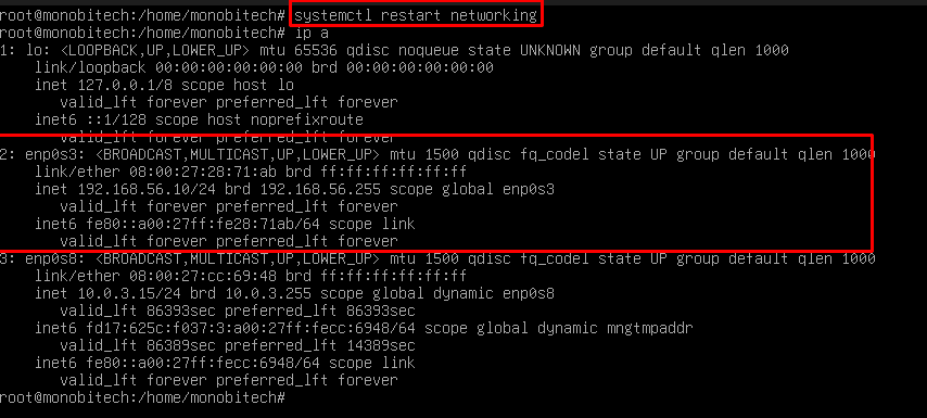 Restart networking dan cek IP Address Debian Server menggunakan ip a