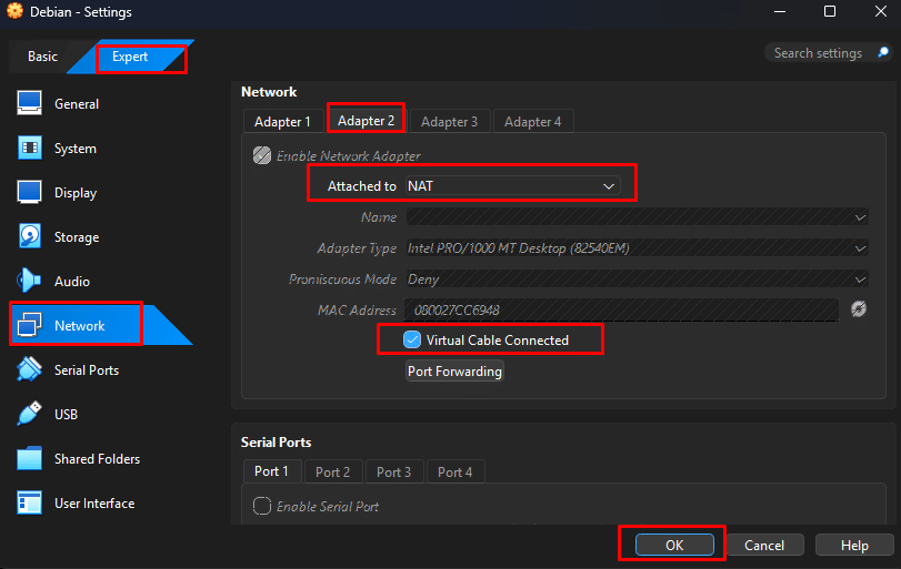 Pengaturan Adapter 2 NAT di VirtualBox untuk Debian Server