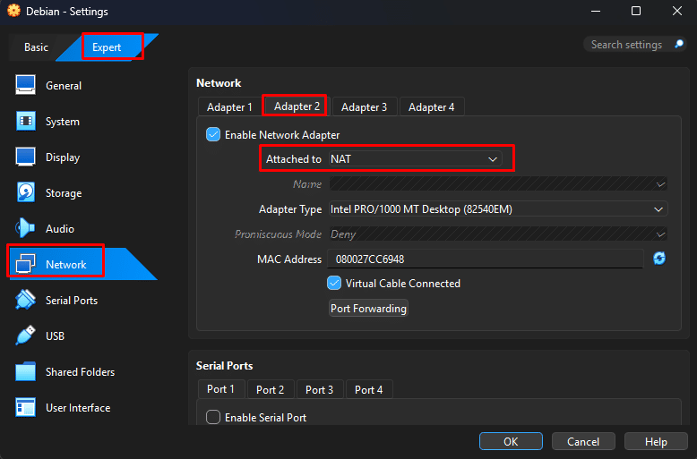Setting network VirtualBox Debian Adapter 2 menggunakan NAT untuk akses internet
