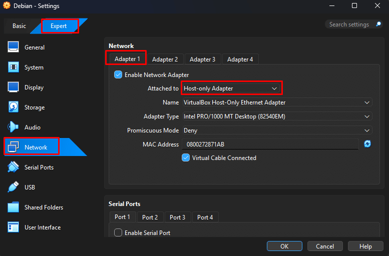 Setting network VirtualBox Debian menggunakan Host-Only Adapter untuk DNS Server
